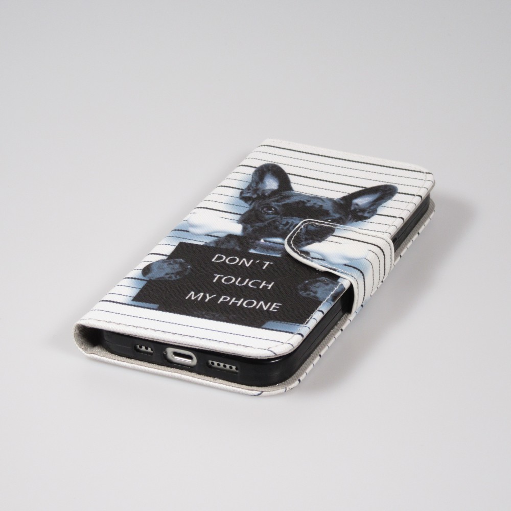 Fourre iPhone 14 - Premium Wallet flip fermeture magnétique et porte-carte - chien arrêté - Blanc