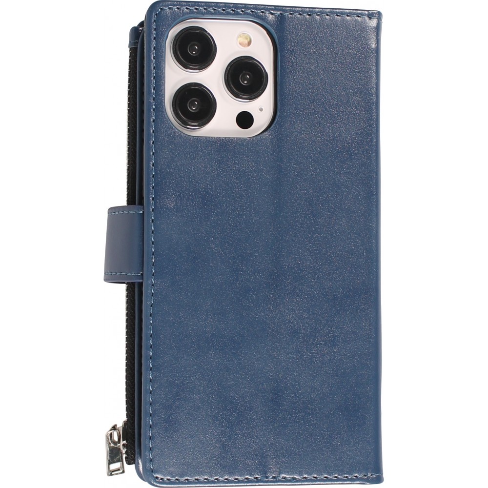 iPhone 15 Pro Case Hülle - Brieftaschen-Hülle luxuriös und raffiniert mit Magnet Verschluss & Münz- und Kartenfach  - Blau