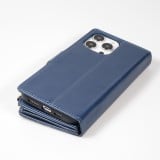 Fourre iPhone 15 Pro - Etui portefeuille luxueux et sophistiqué en cuir avec aimant et compartiment à monnaie - Bleu