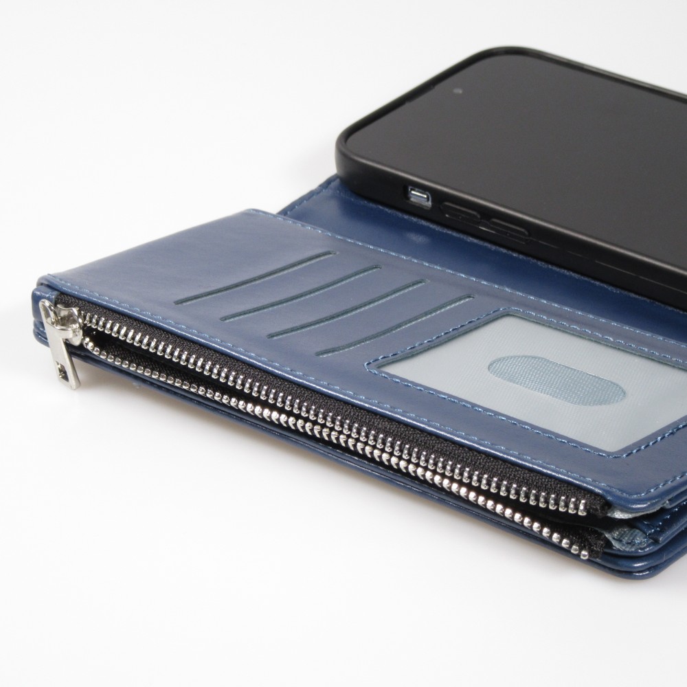 iPhone 14 Pro Max Case Hülle - Brieftaschen-Hülle luxuriös und raffiniert mit Magnet Verschluss & Münz- und Kartenfach  - Blau