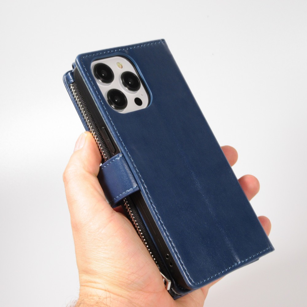 iPhone 15 Pro Case Hülle - Brieftaschen-Hülle luxuriös und raffiniert mit Magnet Verschluss & Münz- und Kartenfach  - Blau