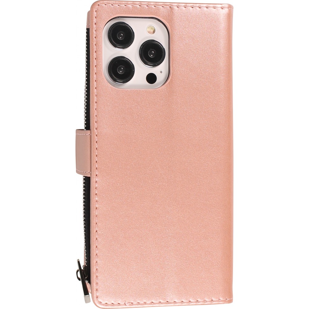Fourre iPhone 15 Pro - Etui portefeuille luxueux et sophistiqué en cuir avec aimant et compartiment à monnaie - Rose