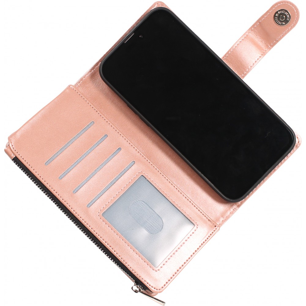 iPhone 14 Pro Case Hülle - Brieftaschen-Hülle luxuriös und raffiniert mit Magnet Verschluss & Münz- und Kartenfach  - Rosa