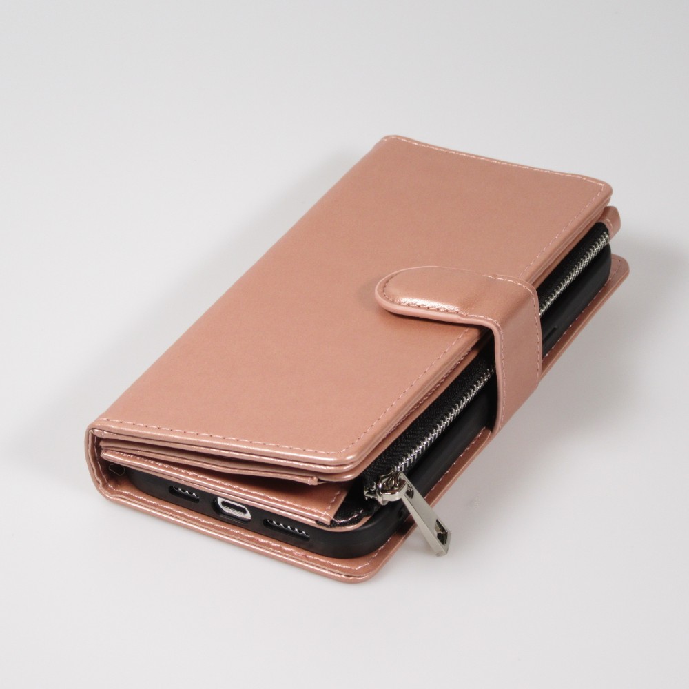 Fourre iPhone 15 Pro - Etui portefeuille luxueux et sophistiqué en cuir avec aimant et compartiment à monnaie - Rose
