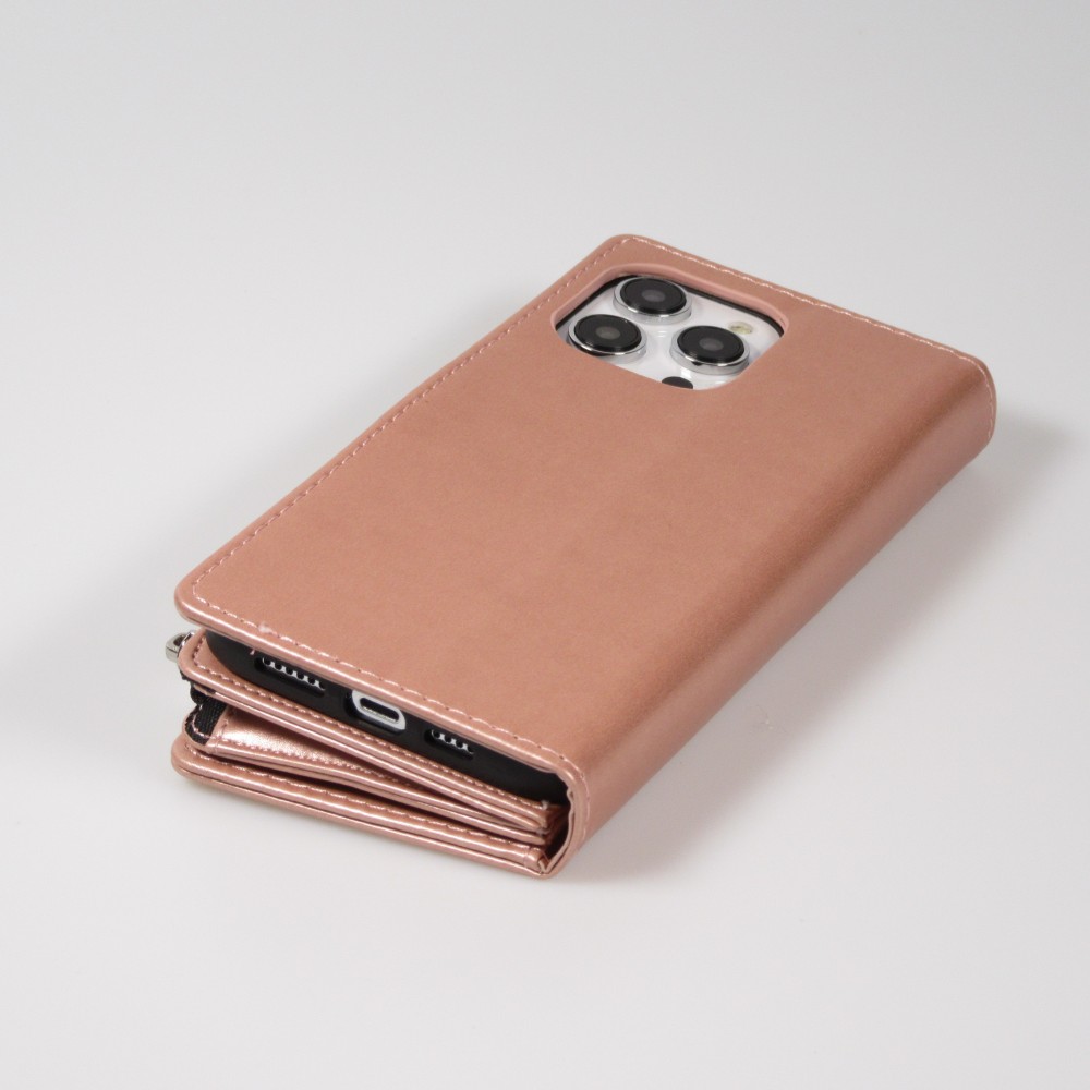 Fourre iPhone 15 Pro - Etui portefeuille luxueux et sophistiqué en cuir avec aimant et compartiment à monnaie - Rose