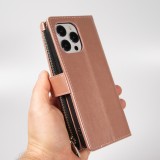 Fourre iPhone 15 Pro - Etui portefeuille luxueux et sophistiqué en cuir avec aimant et compartiment à monnaie - Rose