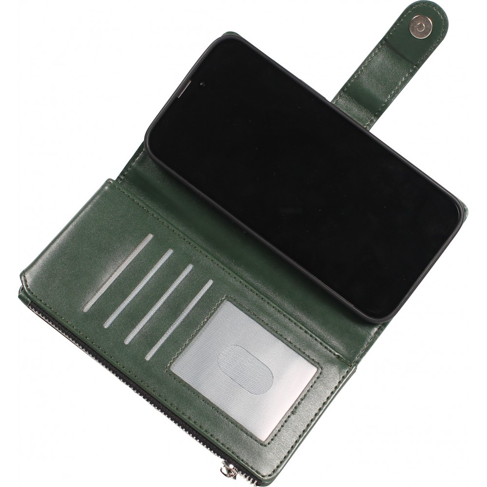 Fourre iPhone 15 Pro - Etui portefeuille luxueux et sophistiqué en cuir avec aimant et compartiment à monnaie - Vert