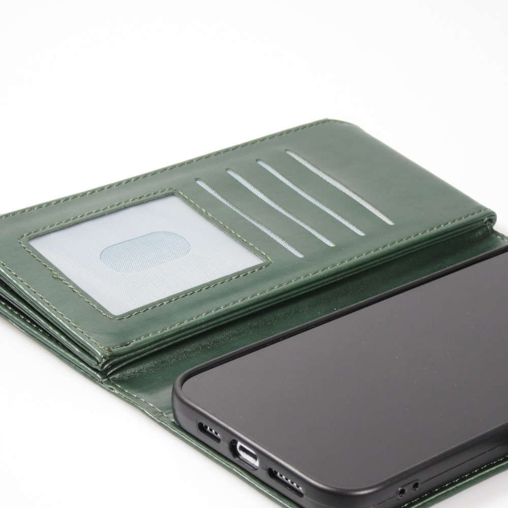 Fourre iPhone 15 Pro - Etui portefeuille luxueux et sophistiqué en cuir avec aimant et compartiment à monnaie - Vert