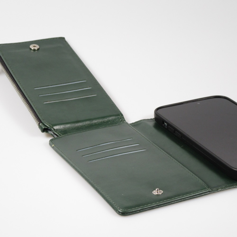 Fourre iPhone 15 Pro - Etui portefeuille luxueux et sophistiqué en cuir avec aimant et compartiment à monnaie - Vert