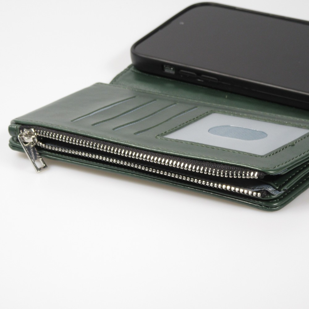 Fourre iPhone 15 Pro - Etui portefeuille luxueux et sophistiqué en cuir avec aimant et compartiment à monnaie - Vert