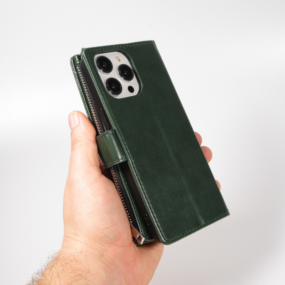 Fourre iPhone 15 Pro - Etui portefeuille luxueux et sophistiqué en cuir avec aimant et compartiment à monnaie - Vert