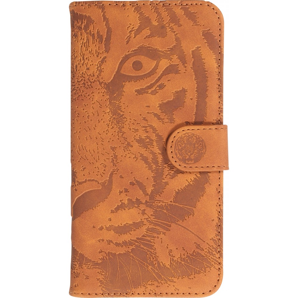 iPhone 15 Pro Max Case Hülle - 3D Flip Kunstleder Auge des Tigers - Braun