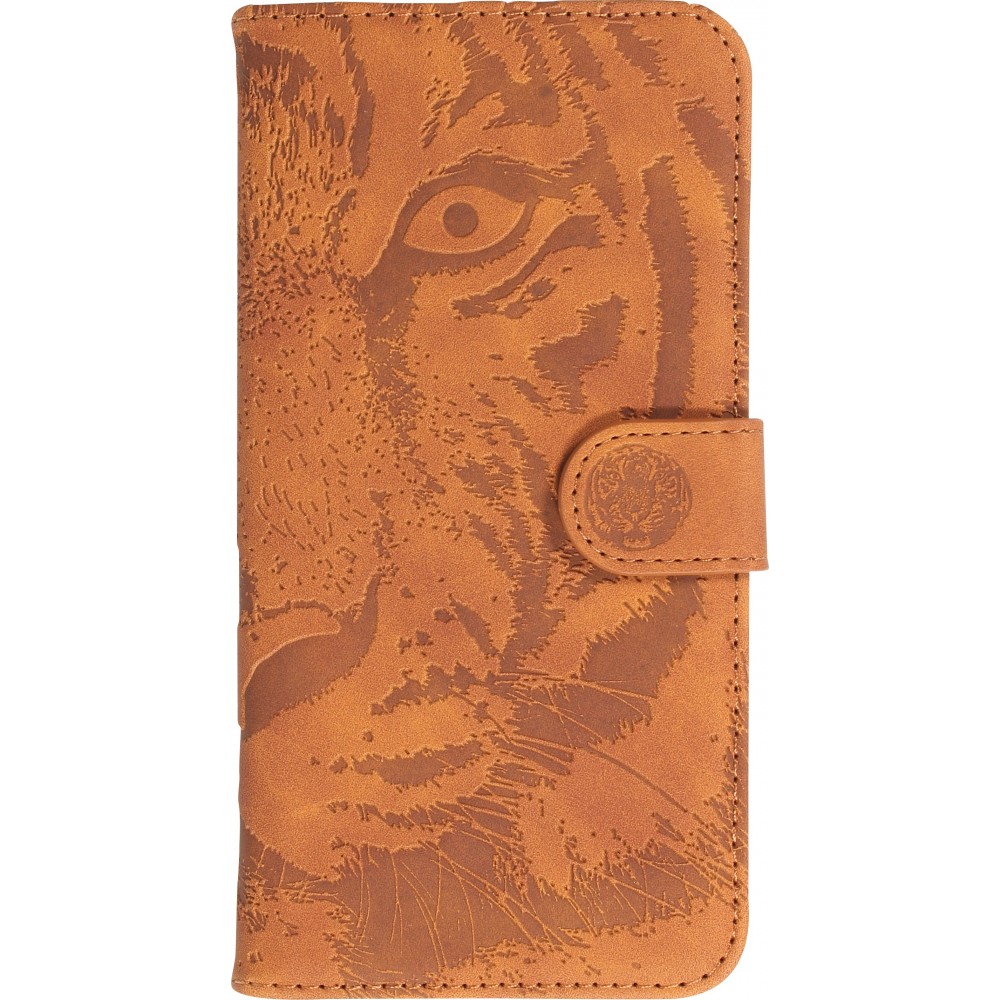 iPhone 14 Pro Case Hülle - 3D Flip Kunstleder Auge des Tigers - Braun