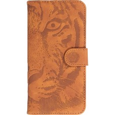 iPhone 15 Pro Max Case Hülle - 3D Flip Kunstleder Auge des Tigers - Braun