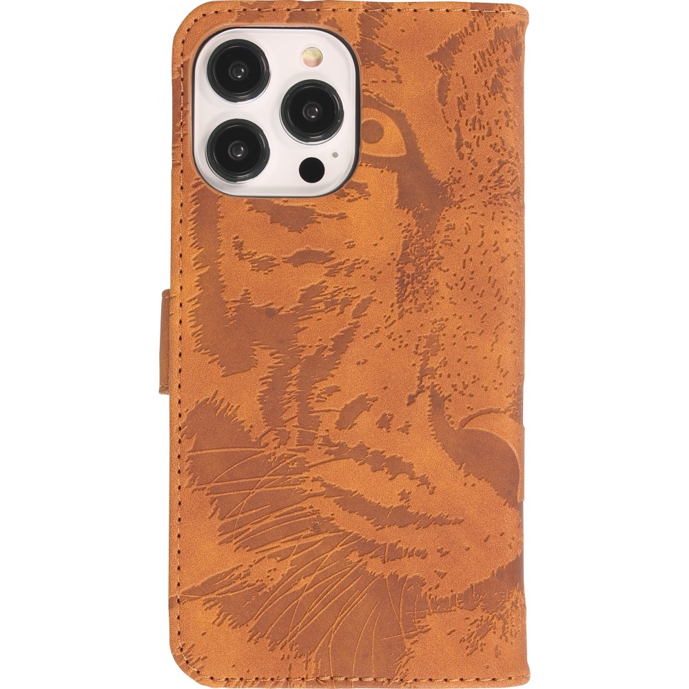 iPhone 14 Pro Case Hülle - 3D Flip Kunstleder Auge des Tigers - Braun