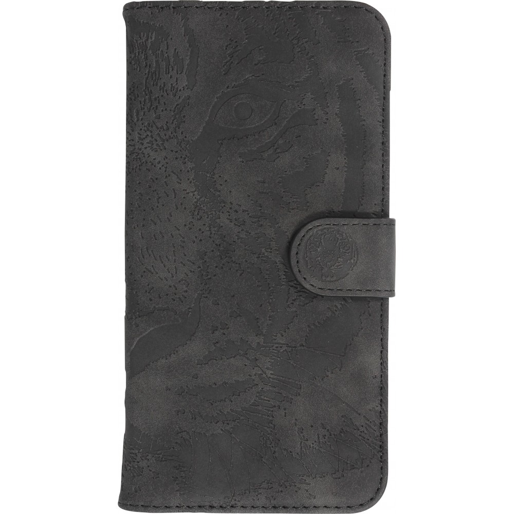 iPhone 15 Pro Max Case Hülle - 3D Flip Kunstleder Auge des Tigers - Schwarz