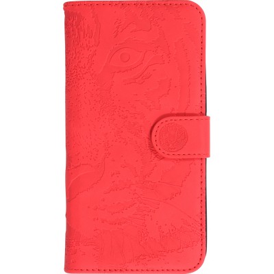 iPhone 15 Pro Max Case Hülle - 3D Flip Kunstleder Auge des Tigers - Rot