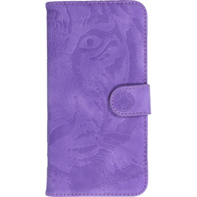 iPhone 15 Pro Max Case Hülle - 3D Flip Kunstleder Auge des Tigers - Violett