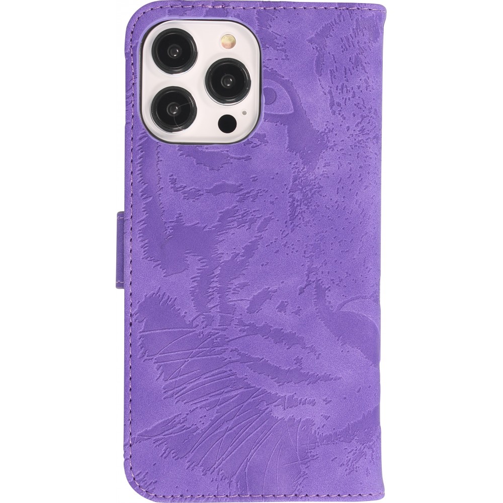 iPhone 15 Pro Max Case Hülle - 3D Flip Kunstleder Auge des Tigers - Violett