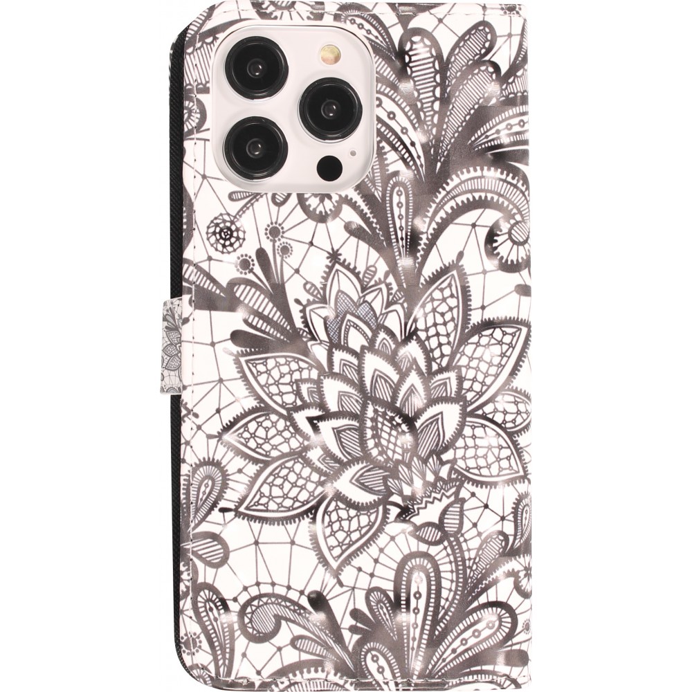 Fourre iPhone 14 Pro Max - Flip - Black & White Mandala - Blanc