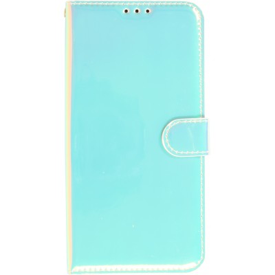 Fourre iPhone 14 Pro Max - Flip lisse brillant couleur magique avec dragonne - Blue Lagoon