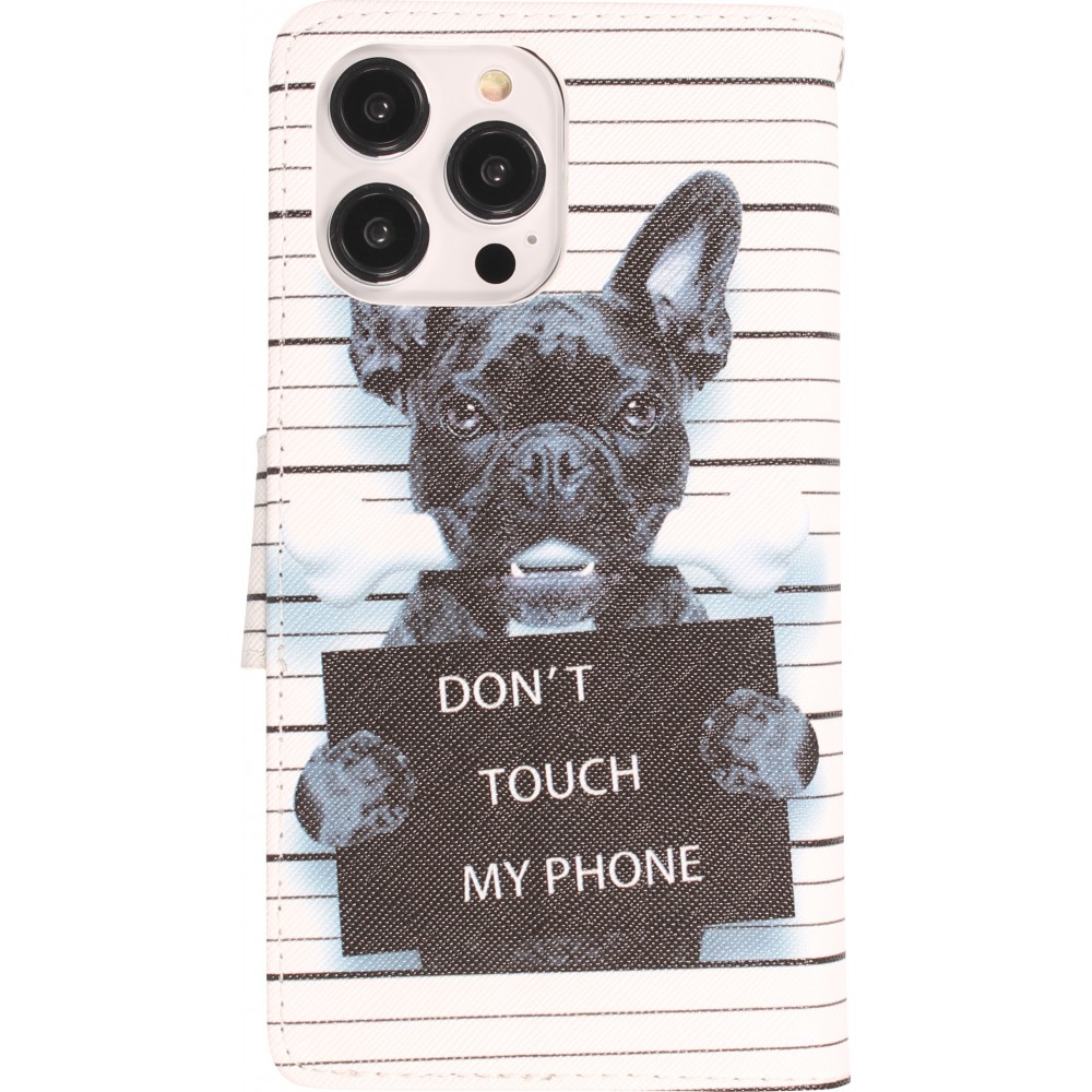 Fourre iPhone 14 Pro Max - Premium Wallet flip fermeture magnétique et porte-carte - chien arrêté - Blanc