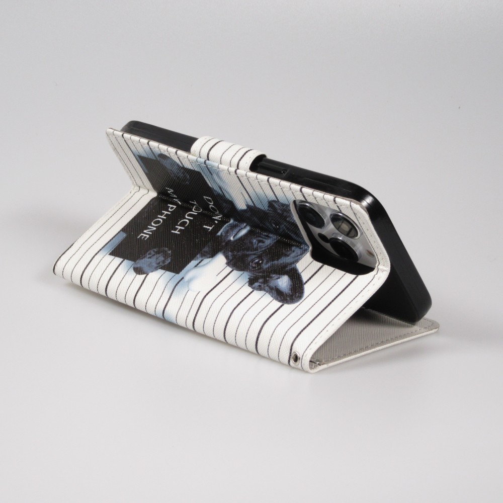 Fourre iPhone 14 Pro Max - Premium Wallet flip fermeture magnétique et porte-carte - chien arrêté - Blanc