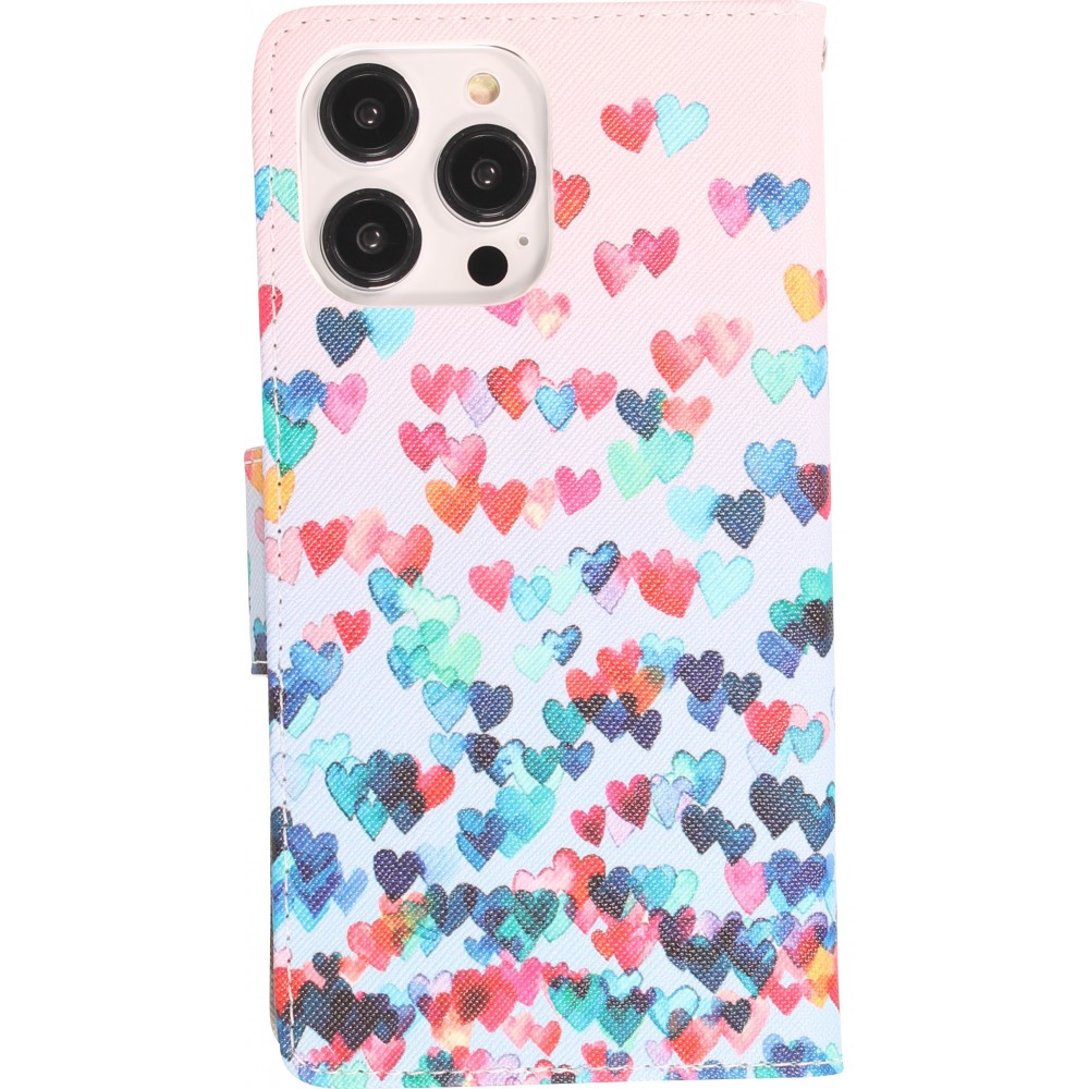 Fourre iPhone 14 Pro Max - Premium Wallet flip fermeture magnétique et porte-carte - petits cœurs colorés - Rose