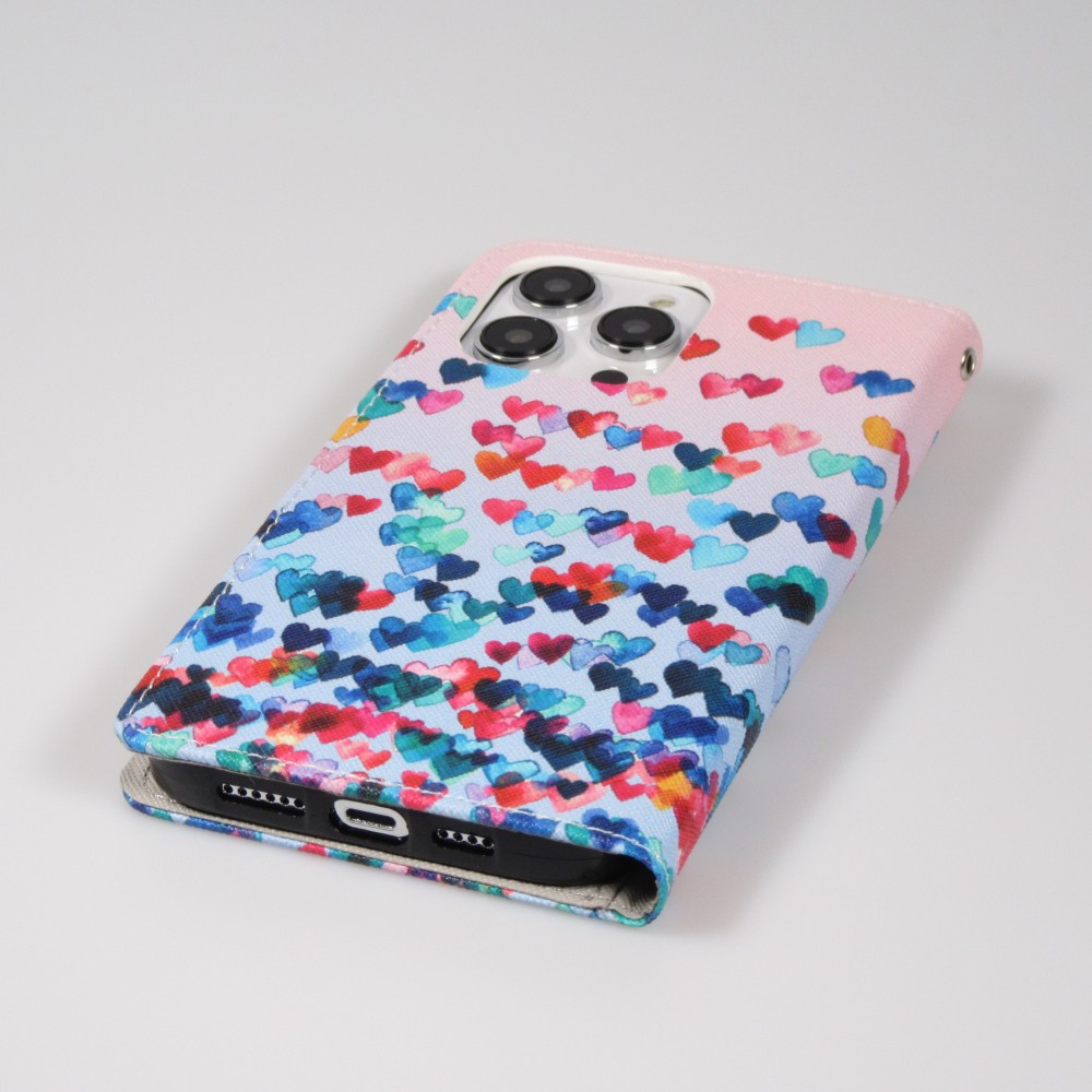 Fourre iPhone 14 Pro Max - Premium Wallet flip fermeture magnétique et porte-carte - petits cœurs colorés - Rose