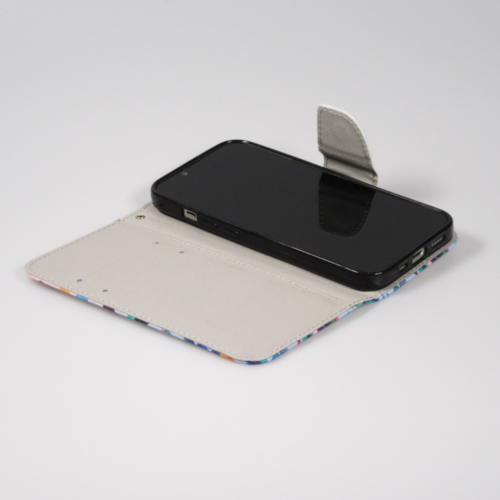 Fourre iPhone 14 Pro Max - Premium Wallet flip fermeture magnétique et porte-carte - petits cœurs colorés - Rose