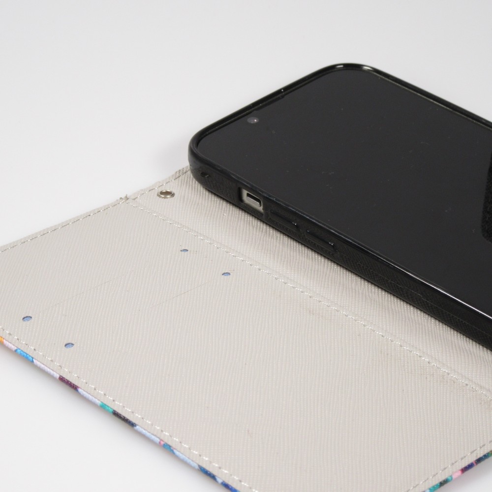 Fourre iPhone 14 Pro Max - Premium Wallet flip fermeture magnétique et porte-carte - petits cœurs colorés - Rose