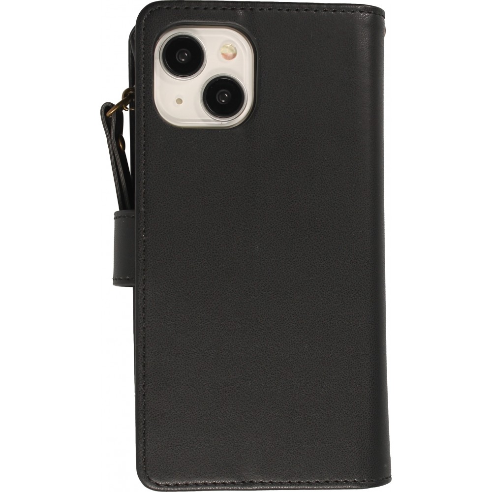 iPhone 15 Case Hülle - Brieftaschen-Hülle luxuriös und raffiniert mit Magnet Verschluss & Münz- und Kartenfach  - Schwarz