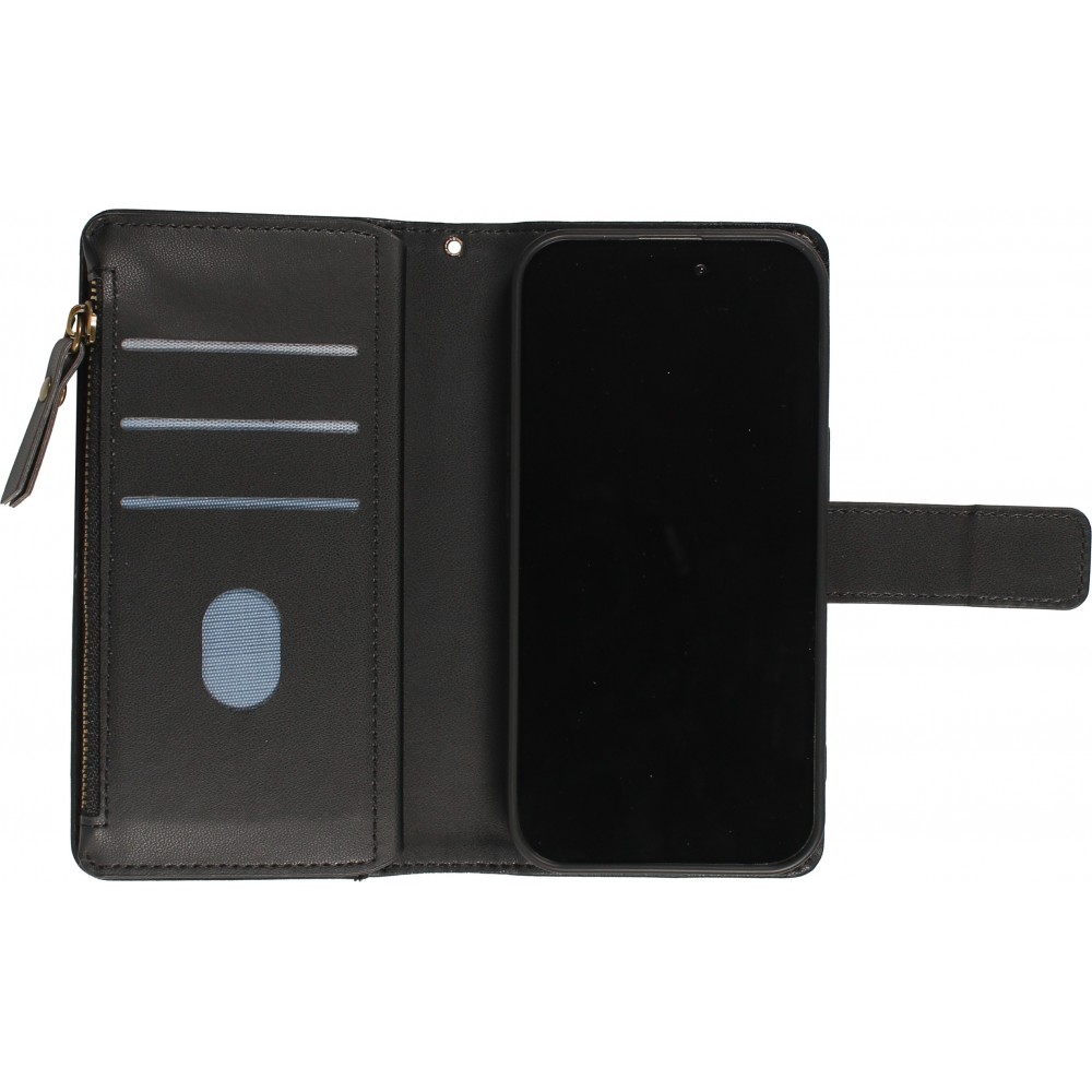 iPhone 15 Case Hülle - Brieftaschen-Hülle luxuriös und raffiniert mit Magnet Verschluss & Münz- und Kartenfach  - Schwarz