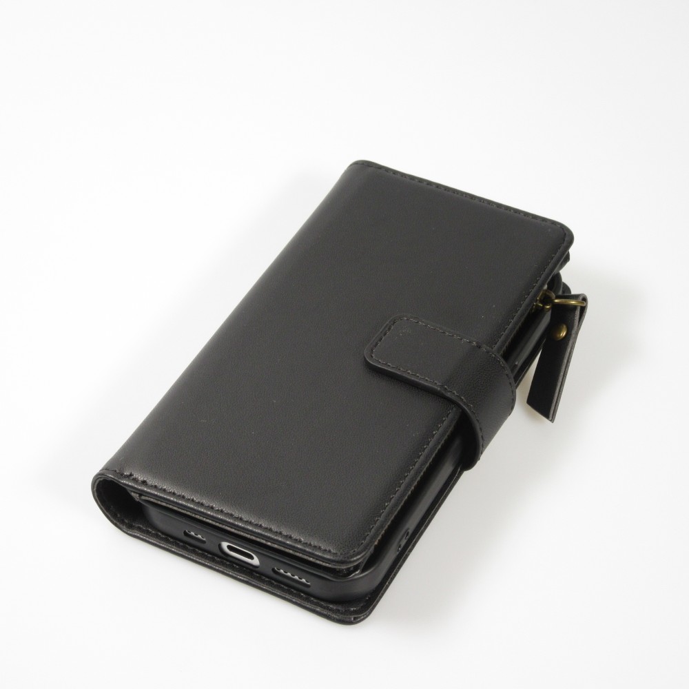 iPhone 15 Case Hülle - Brieftaschen-Hülle luxuriös und raffiniert mit Magnet Verschluss & Münz- und Kartenfach  - Schwarz