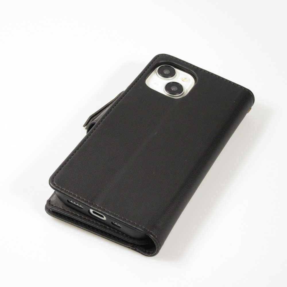 iPhone 15 Case Hülle - Brieftaschen-Hülle luxuriös und raffiniert mit Magnet Verschluss & Münz- und Kartenfach  - Schwarz
