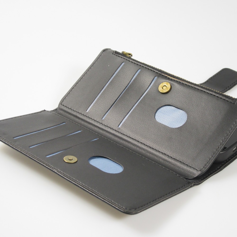 iPhone 15 Case Hülle - Brieftaschen-Hülle luxuriös und raffiniert mit Magnet Verschluss & Münz- und Kartenfach  - Schwarz