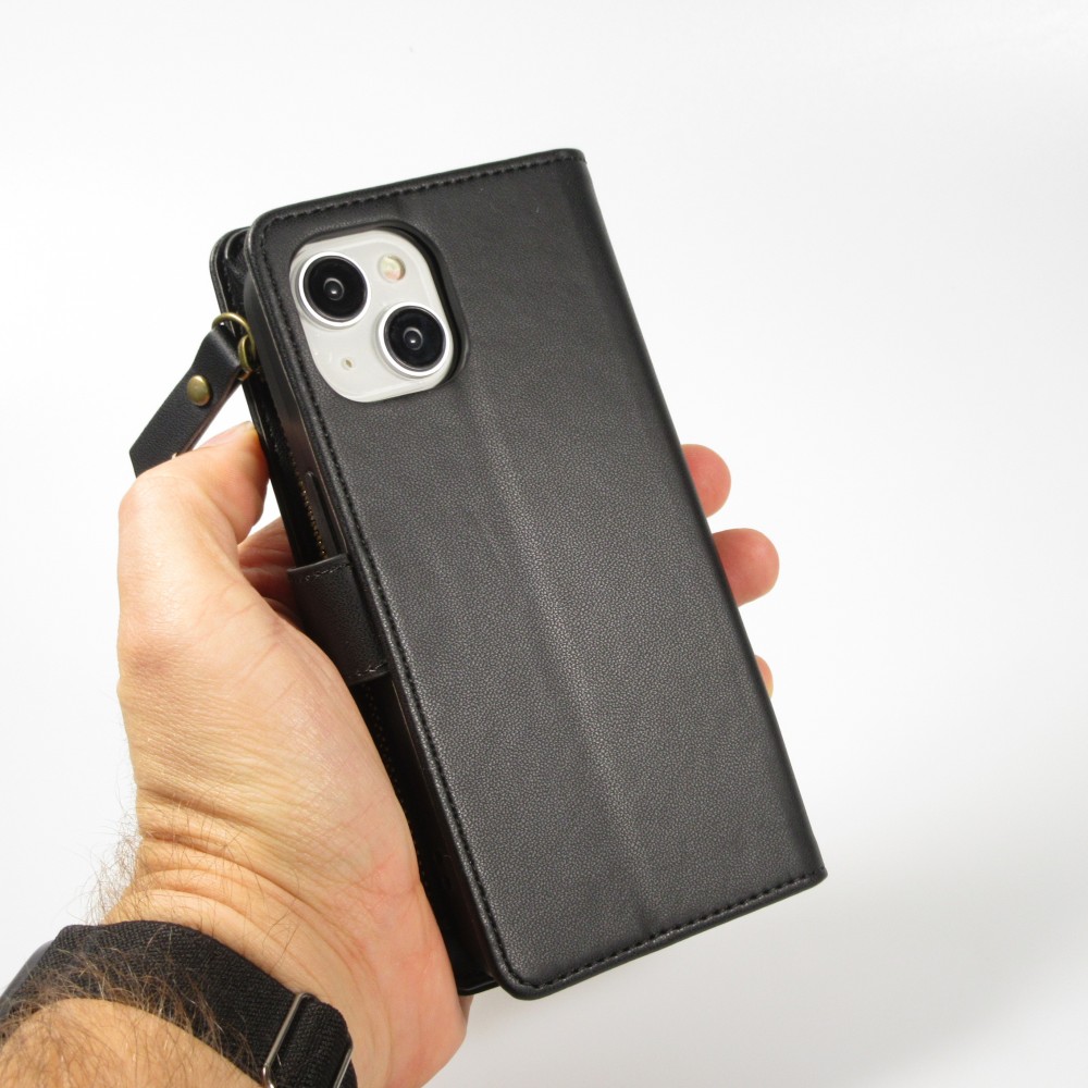 iPhone 15 Case Hülle - Brieftaschen-Hülle luxuriös und raffiniert mit Magnet Verschluss & Münz- und Kartenfach  - Schwarz