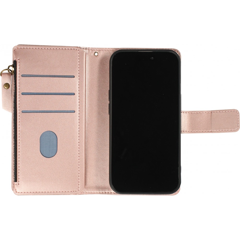 Fourre iPhone 15 - Etui portefeuille luxueux et sophistiqué en cuir avec aimant et compartiment à monnaie - Rose