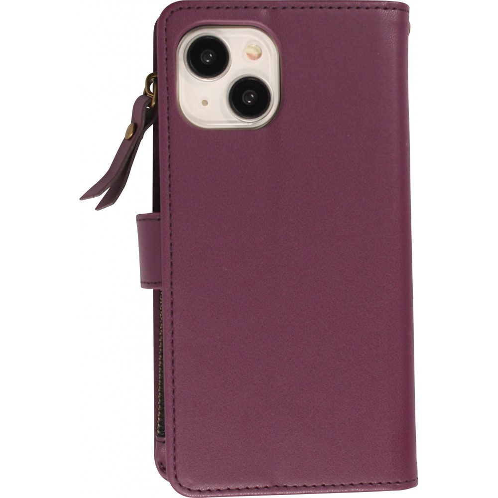 Fourre iPhone 15 - Etui portefeuille luxueux et sophistiqué en cuir avec aimant et compartiment à monnaie - Violet foncé