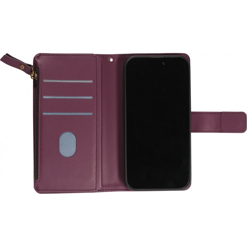 Fourre iPhone 15 - Etui portefeuille luxueux et sophistiqué en cuir avec aimant et compartiment à monnaie - Violet foncé