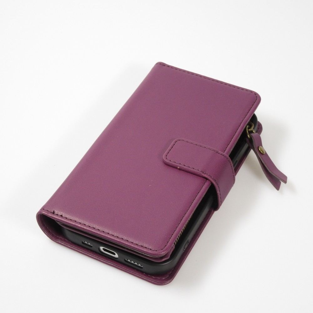 Fourre iPhone 15 - Etui portefeuille luxueux et sophistiqué en cuir avec aimant et compartiment à monnaie - Violet foncé