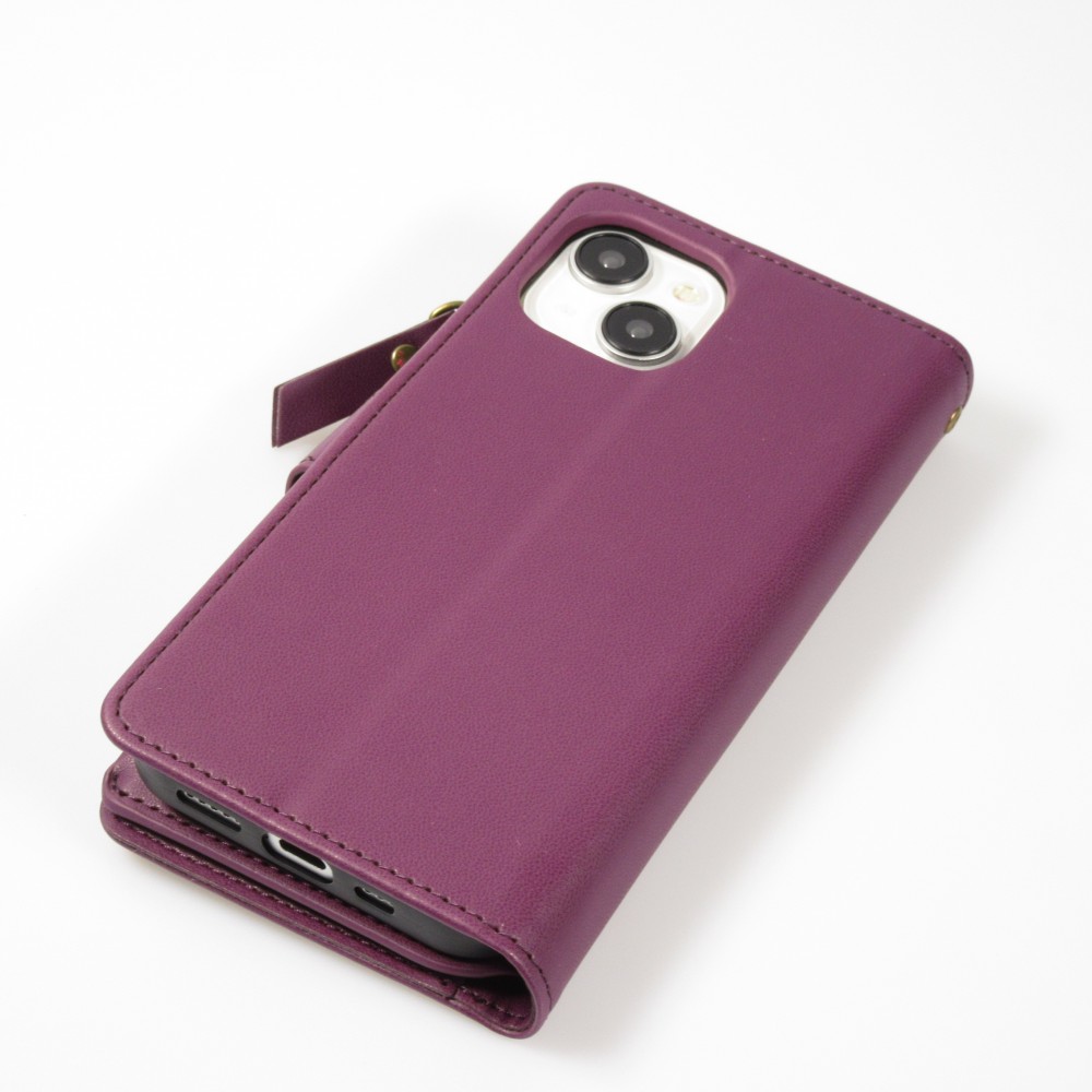 Fourre iPhone 15 - Etui portefeuille luxueux et sophistiqué en cuir avec aimant et compartiment à monnaie - Violet foncé