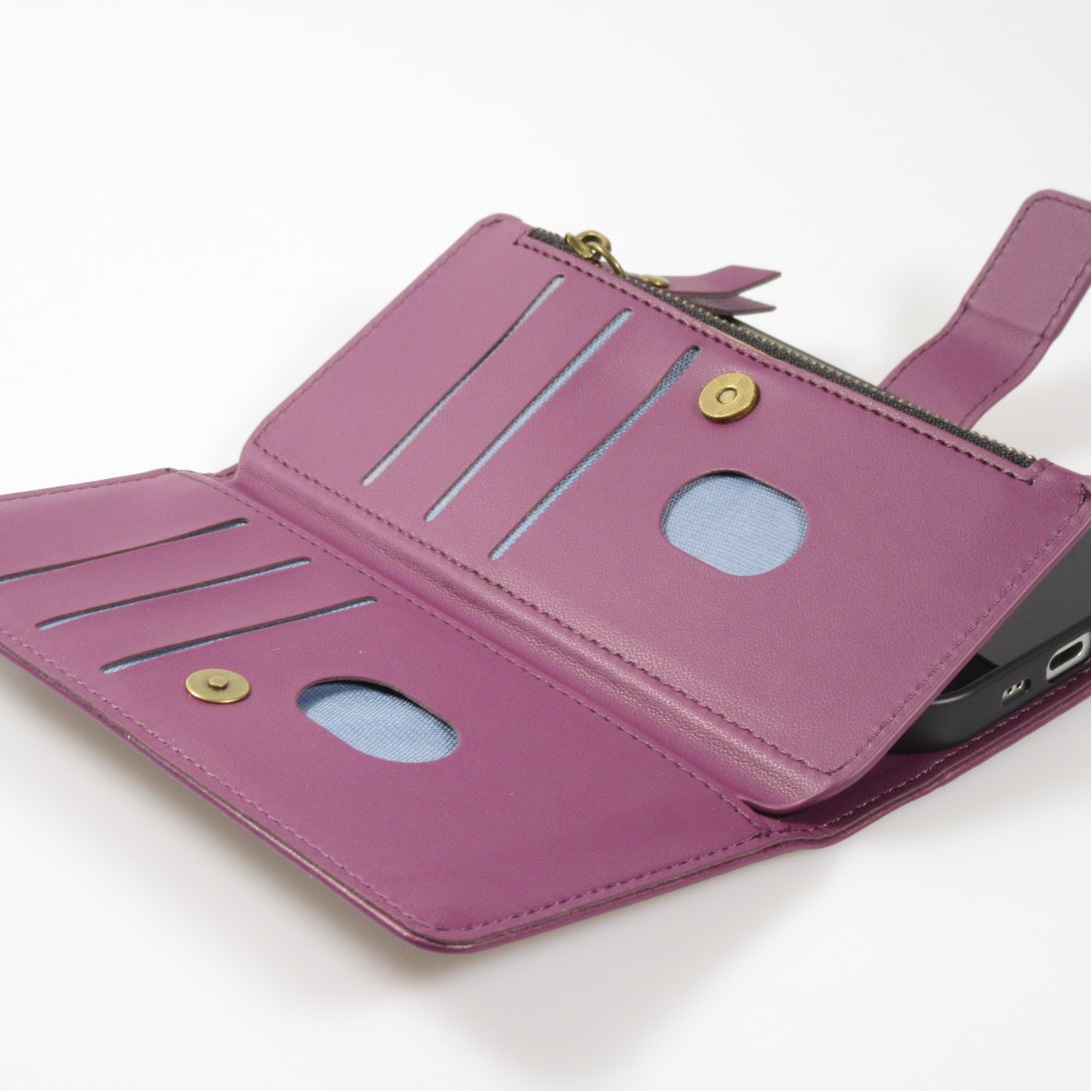 Fourre iPhone 15 - Etui portefeuille luxueux et sophistiqué en cuir avec aimant et compartiment à monnaie - Violet foncé