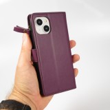 Fourre iPhone 15 - Etui portefeuille luxueux et sophistiqué en cuir avec aimant et compartiment à monnaie - Violet foncé