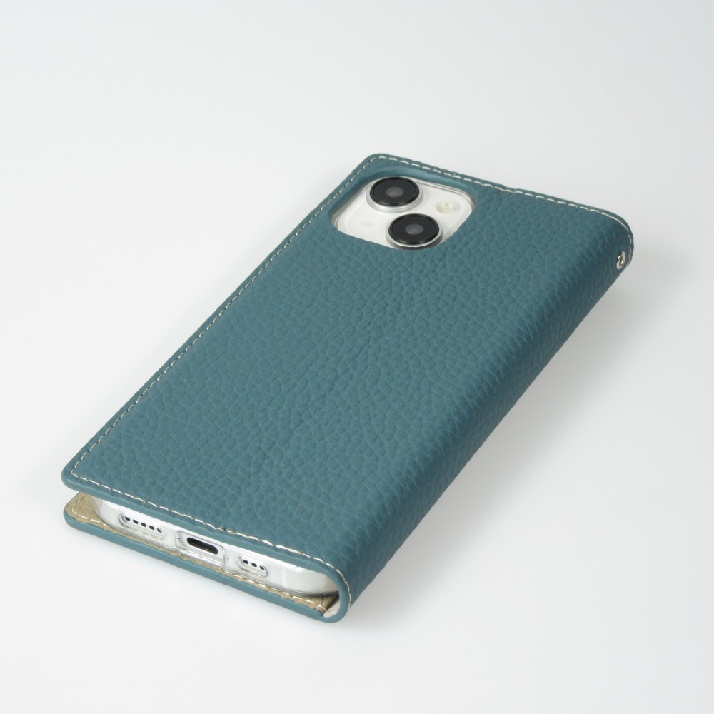 Fourre iPhone 15 - Flip 3D cuir grainé véritable de vache - Bleu
