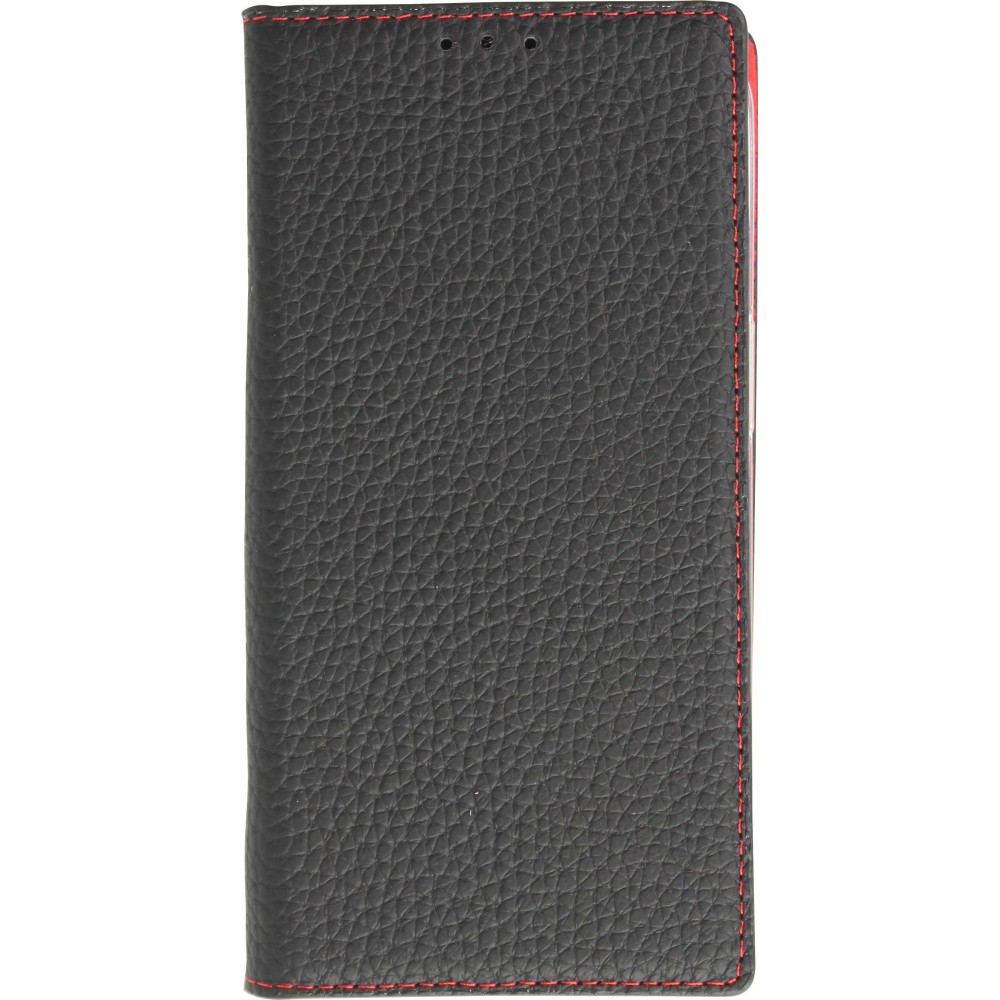 Fourre iPhone 15 - Flip 3D cuir grain&eacute; v&eacute;ritable de vache - Noir/rouge