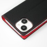 Fourre iPhone 15 - Flip 3D cuir grain&eacute; v&eacute;ritable de vache - Noir/rouge