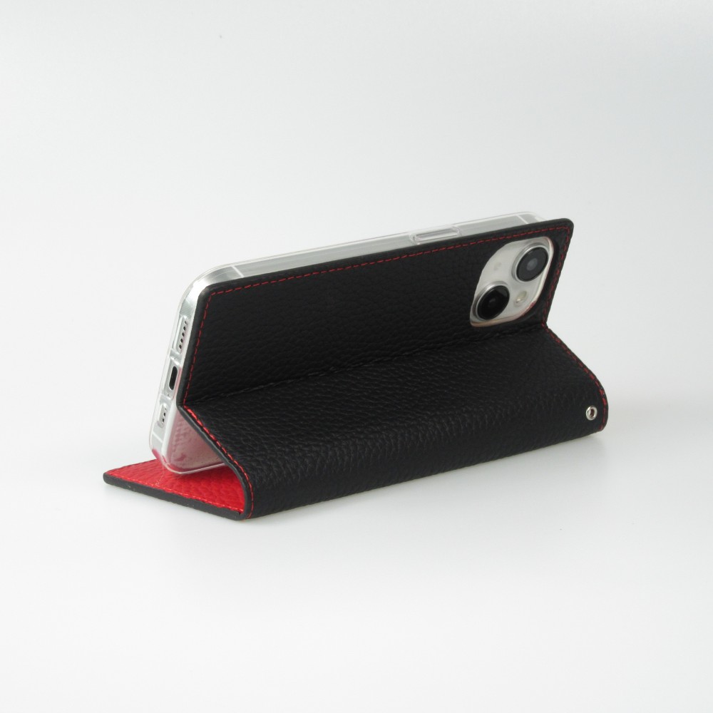 Fourre iPhone 15 - Flip 3D cuir grain&eacute; v&eacute;ritable de vache - Noir/rouge