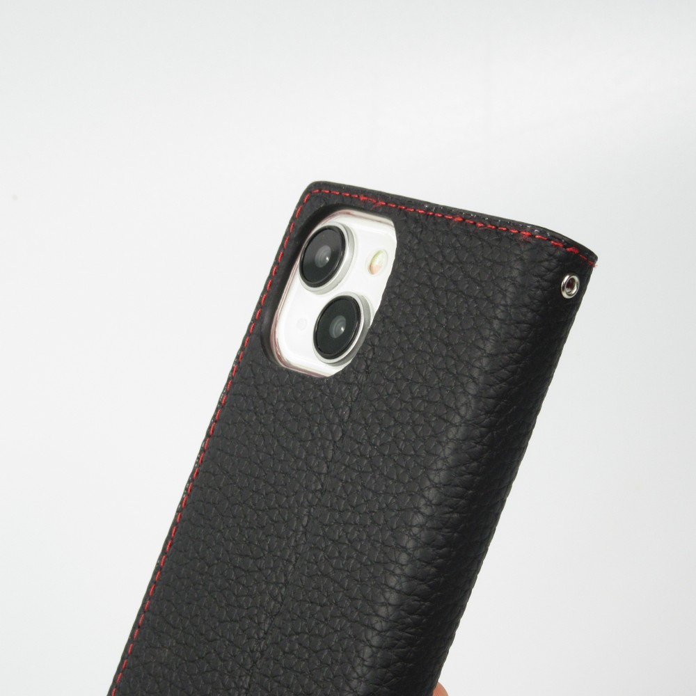 Fourre iPhone 15 - Flip 3D cuir grain&eacute; v&eacute;ritable de vache - Noir/rouge