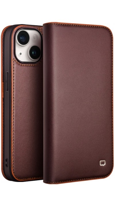 Fourre iPhone 15 Plus - Flip Qialino cuir véritable - Brun foncé mat